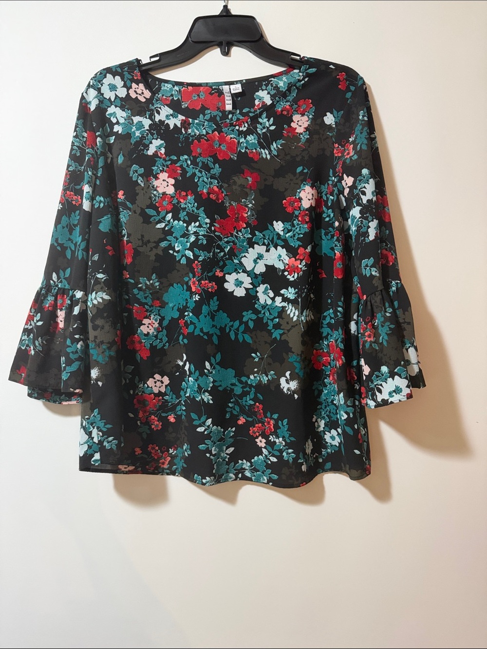 Elle Black Floral Bell-Sleeve Blouse with Teal & Red Print